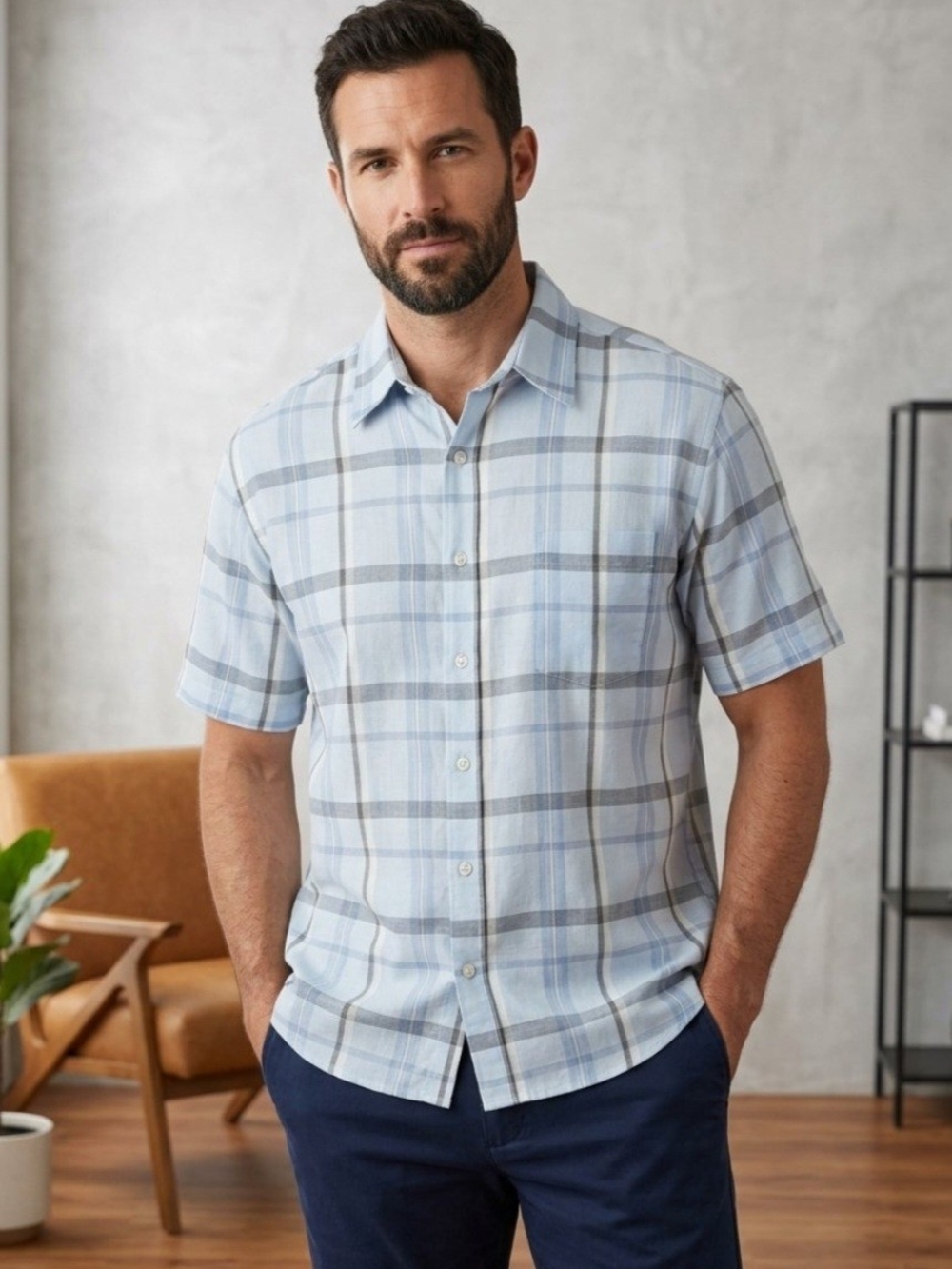 Blue & Gray Plaid Short-Sleeve Button-Down Shirt w/Pocket - Men's Size XL(46-48)